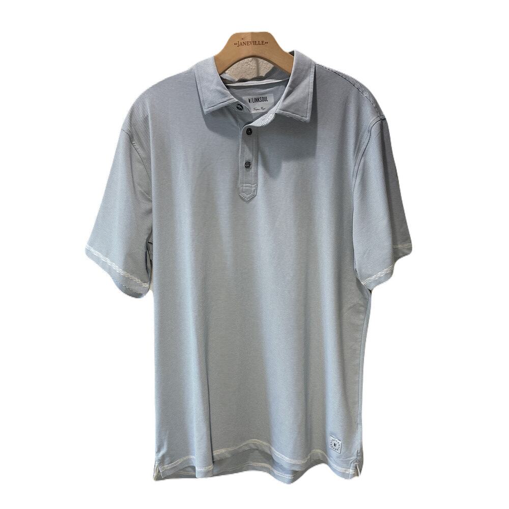 Linksoul Mens Golf Polo Mini Stripe Blue White Preppy Size Large